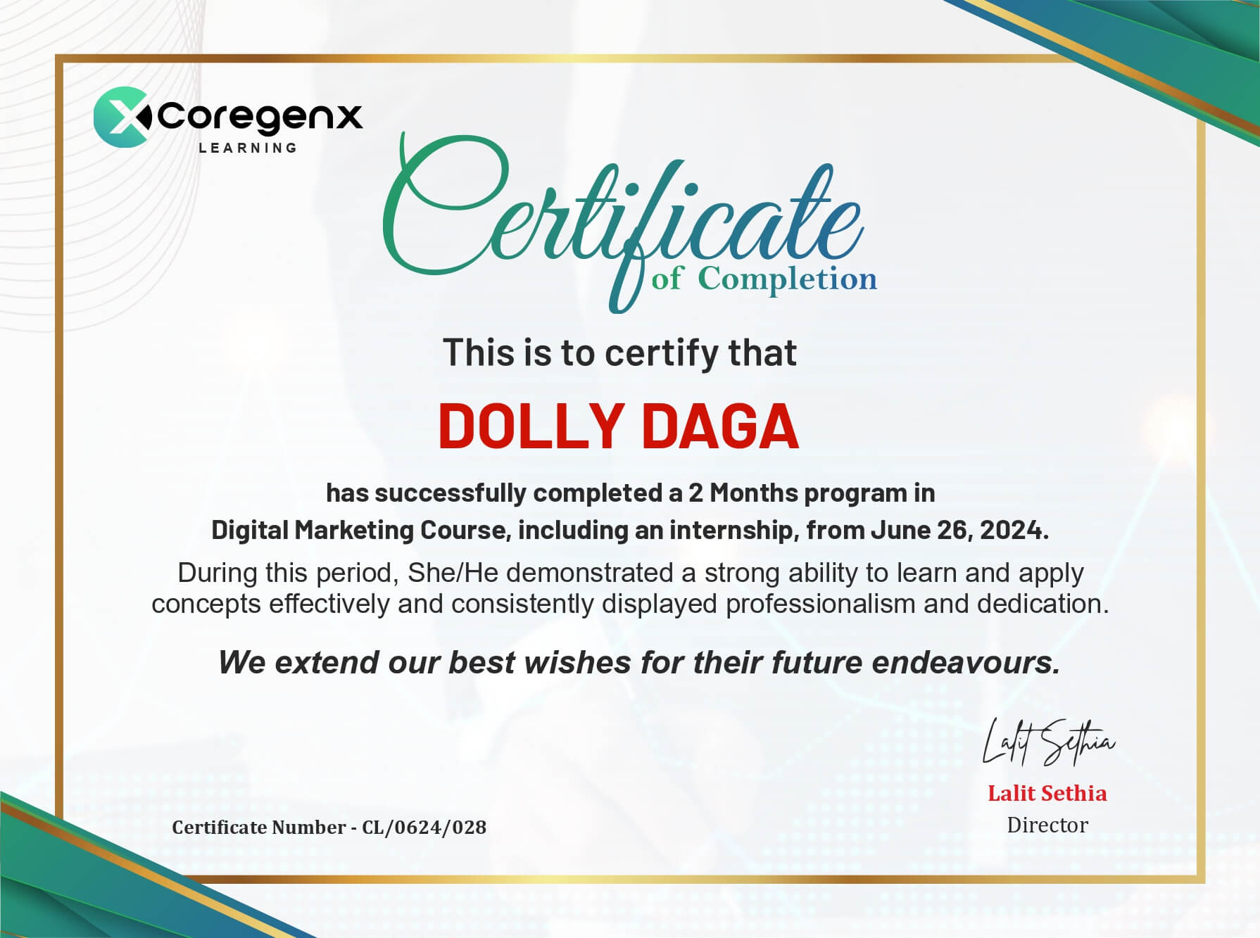Certificate of Purvi Chandani